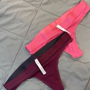 Victoria's Secret Pink & Burgundy Logo Waistband Thong Duo 1 Medium/1Large